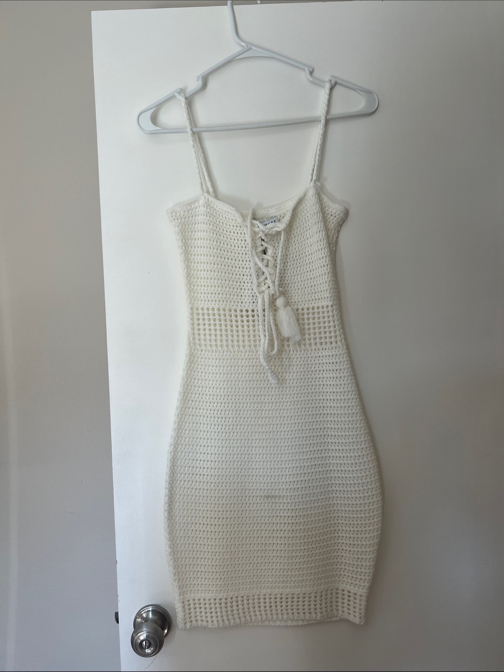 Cream Crochet Lace-Up Spaghetti Strap Dress